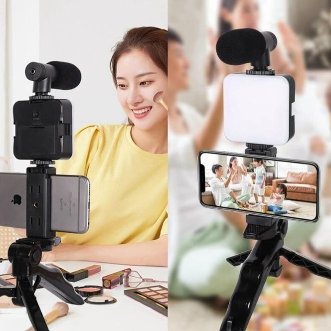 Video Vlogger Kit Microphone LED Fill Light Tripod for Phone Video kit Tripod Kit - ApnaBuyer